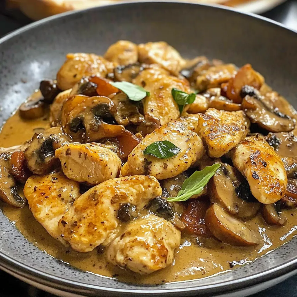 Émincé de poulet aux champignons, sauce crémeuse à l'estragon