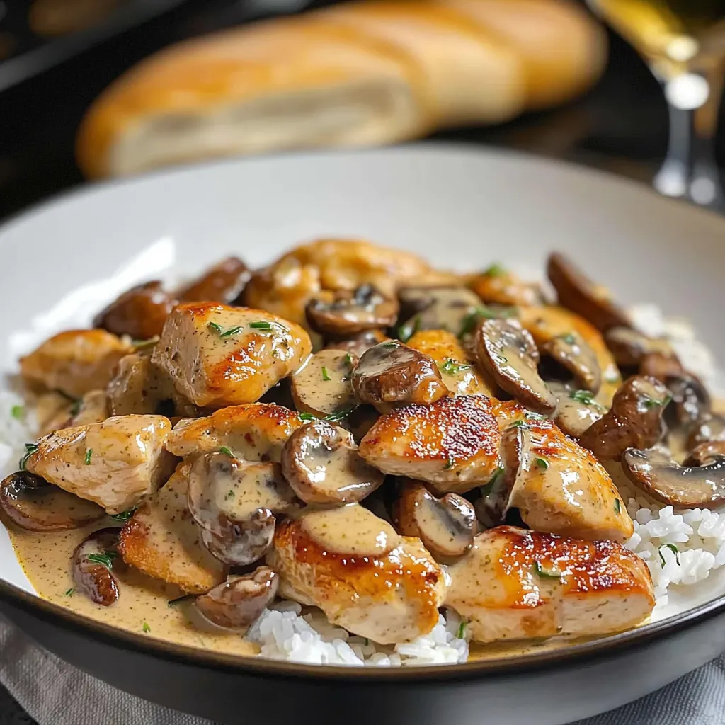 recette d'émincé de poulet aux champignons avec sa sauce crémeuse à l'estragon et à la moutarde.