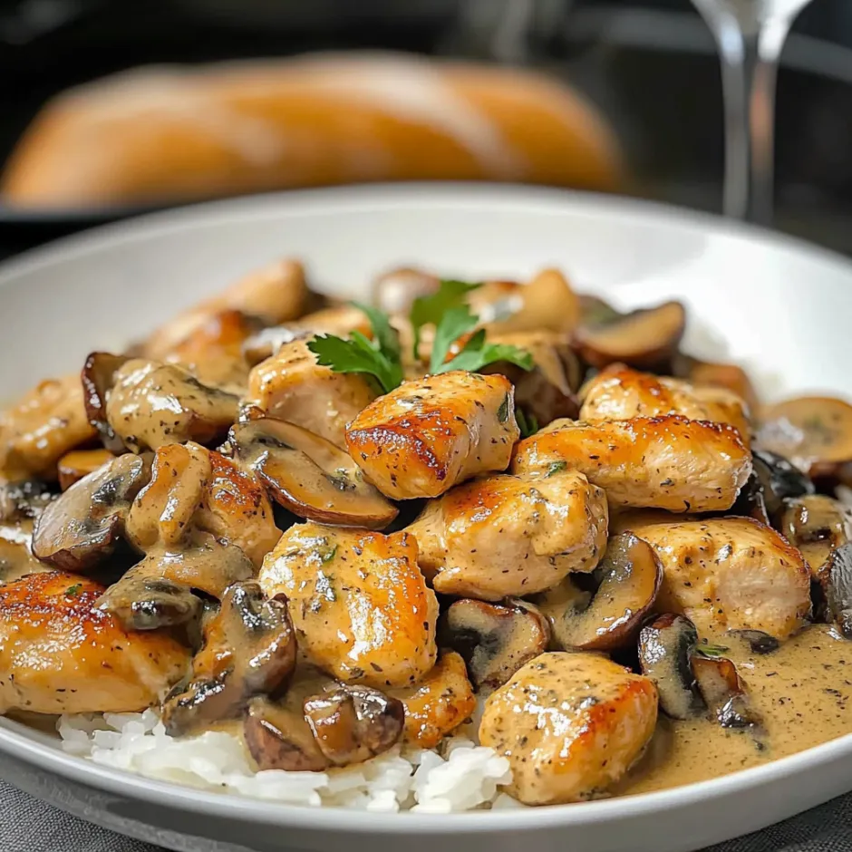 poulet tendre et des champignons enrobés d'une sauce onctueuse à l'estragon et à la moutarde.