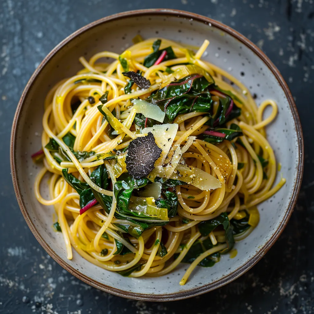 Spaghettis gourmands aux blettes et truffe noire