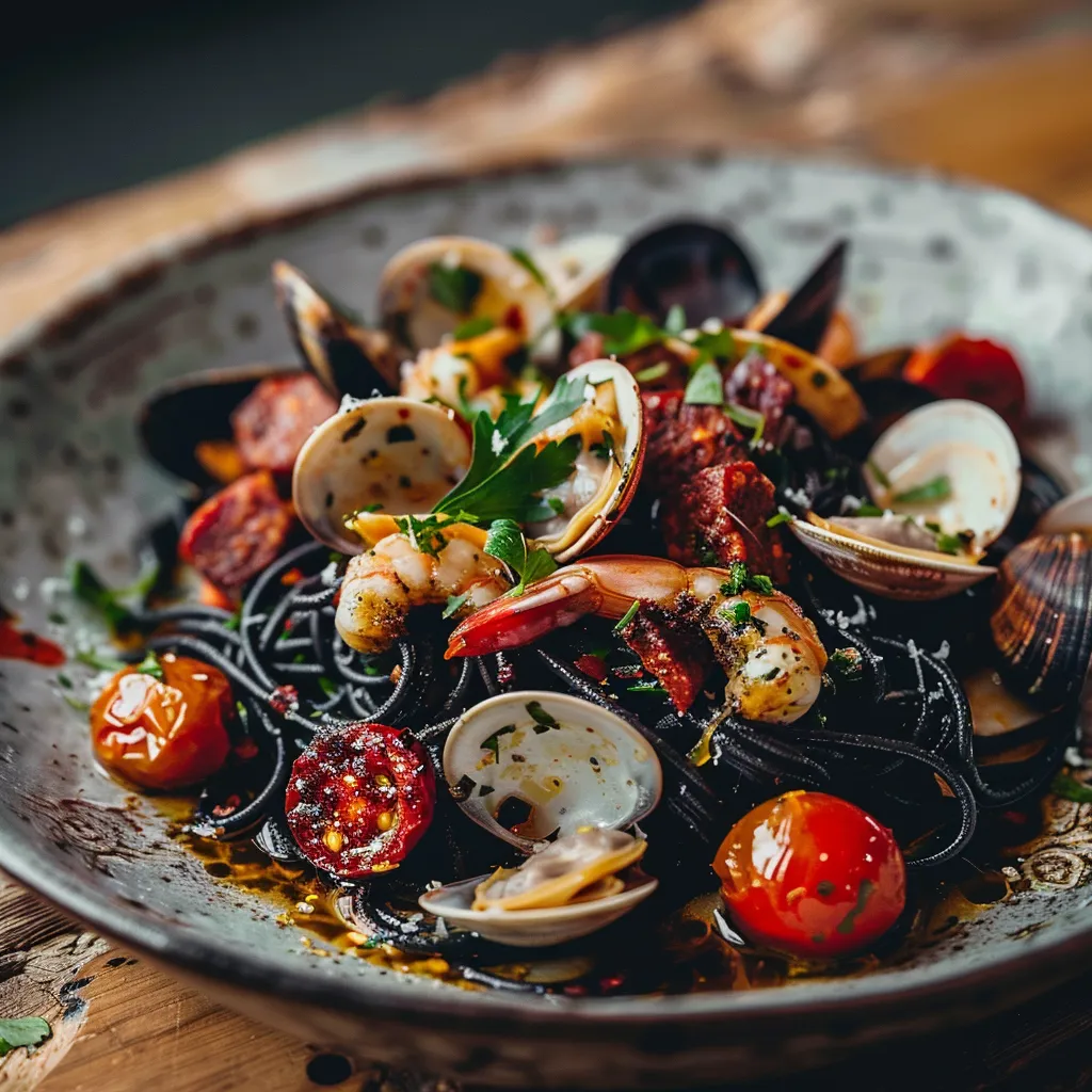 Des spaghettis noirs aux délices marins et au chorizo