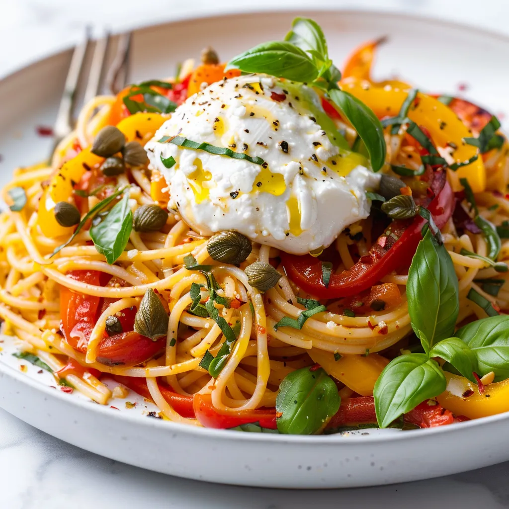 Spaghetti aux légumes avec burrata et câpres