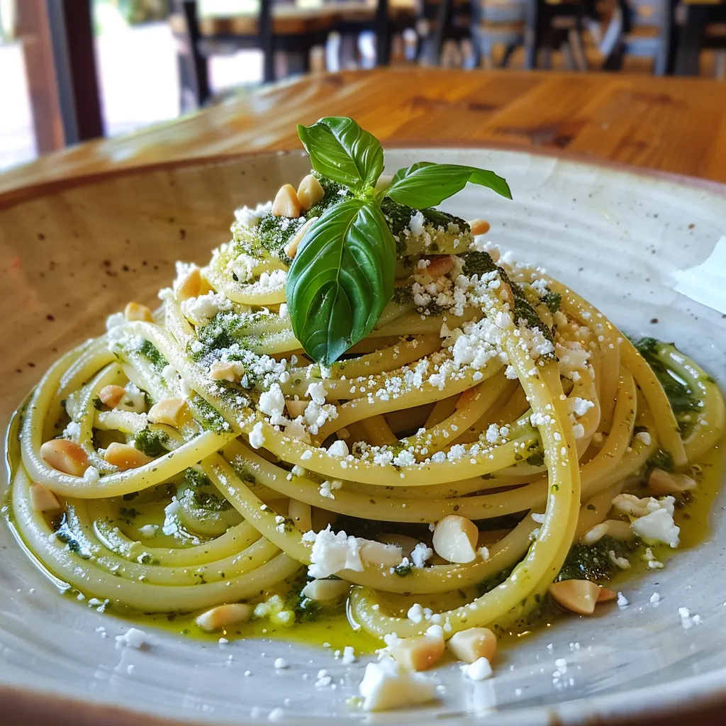 Spaghettis au pesto et féta maison