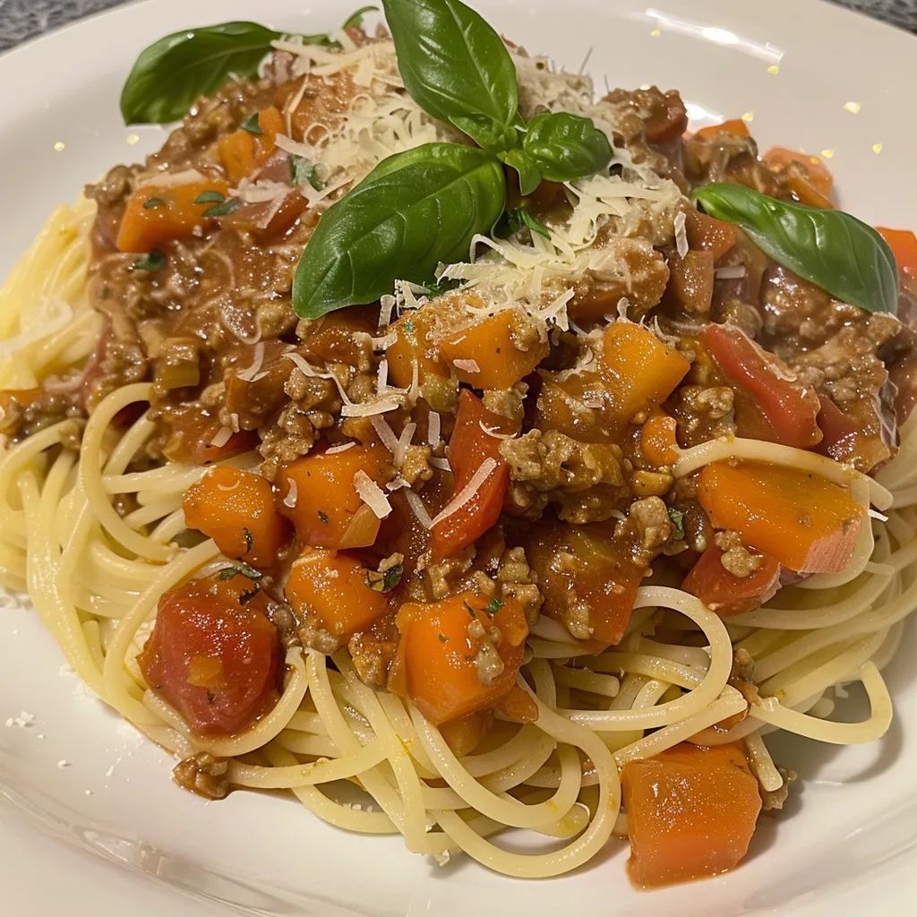 Savoureuse bolognaise au porc avec ses spaghettis et herbes fraîches