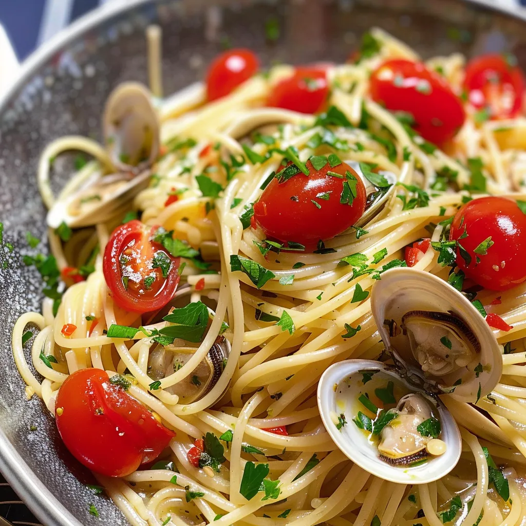 Spaghettis avec couteaux, ail et persil
