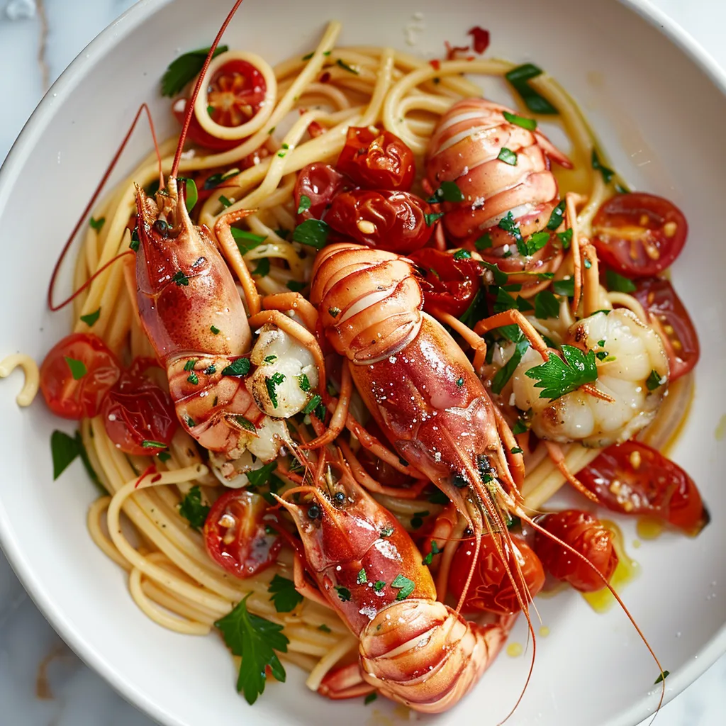 Spaghettis langoustines et tomates