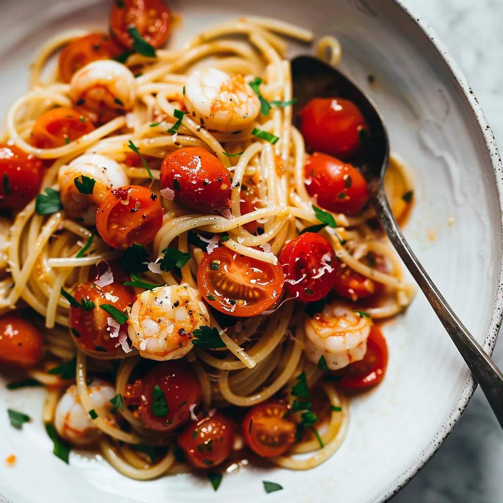 Préparez des spaghettis aux langoustines savoureux et parfumés aux tomates confites