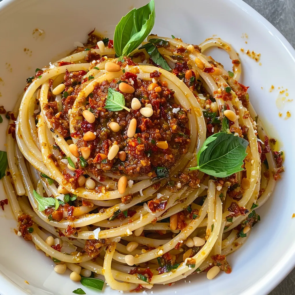 Délicieux spaghettis au pesto tomate et pignons