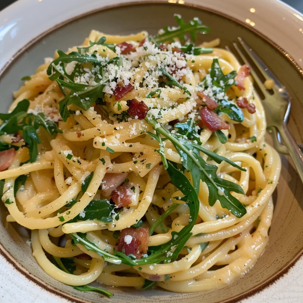 Spaghettis à la carbonara de roquette maison
