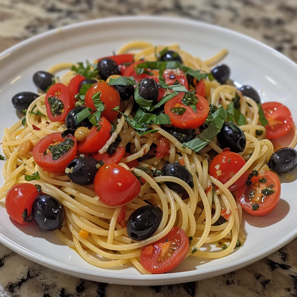 Spaghettis tomates olives basilic