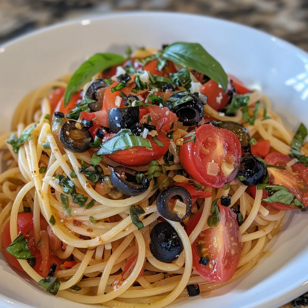 Préparez de délicieux spaghettis aux tomates, olives et basilic frais