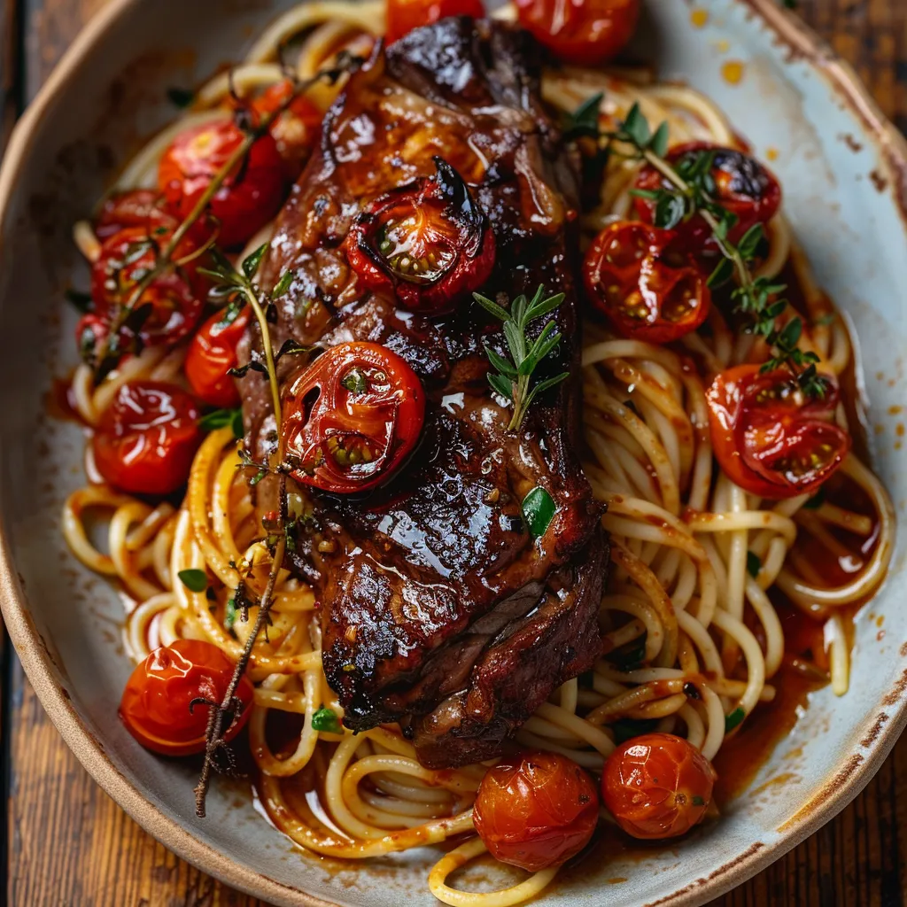 Spaghettis caramélisés avec épaule d'agneau et miel