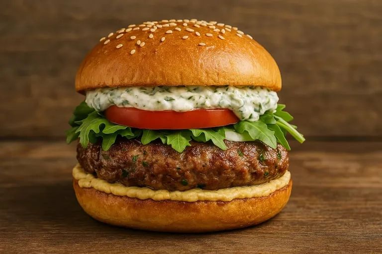 Une sandwich de viande avec des légumes verts et des tomates.