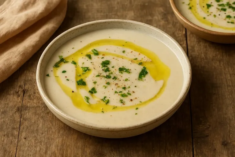 Une assiette de soupe avec des herbes vertes.