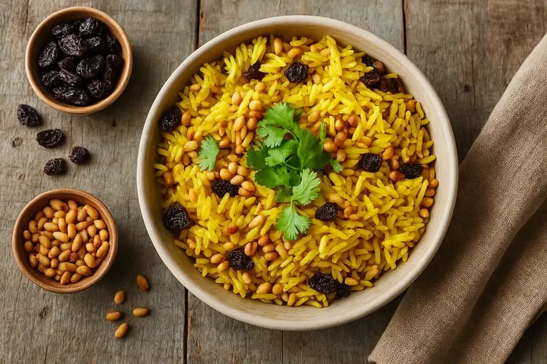 Un bol de riz avec des raisins et des épinards.