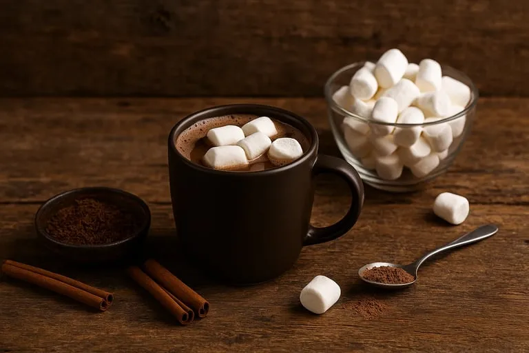 Un café avec des marshmallows et des cacahuètes.