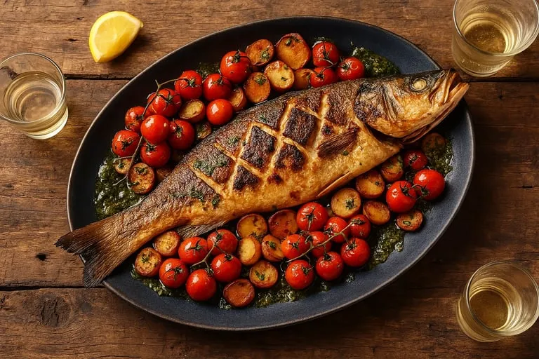 Une image de poisson grillé avec des légumes et des tomates.