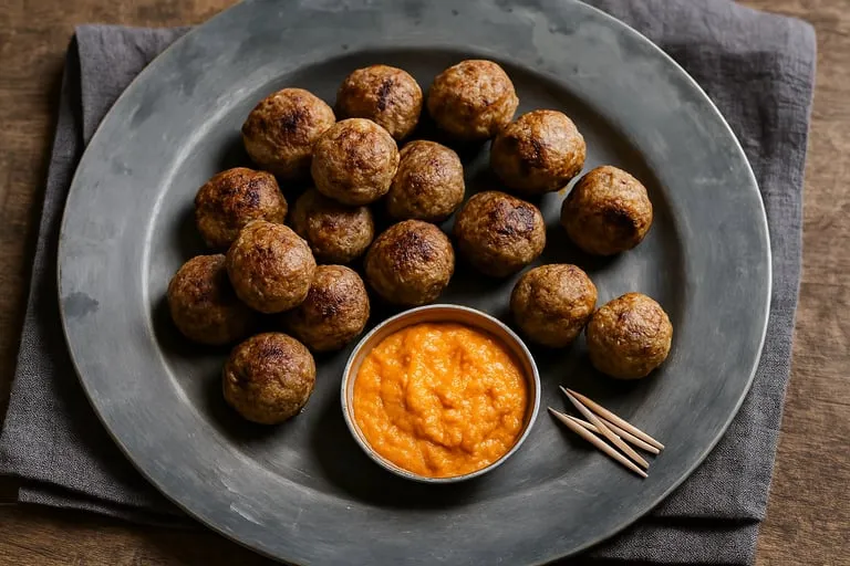 Un plat contenant des boulettes de viande et une sauce.