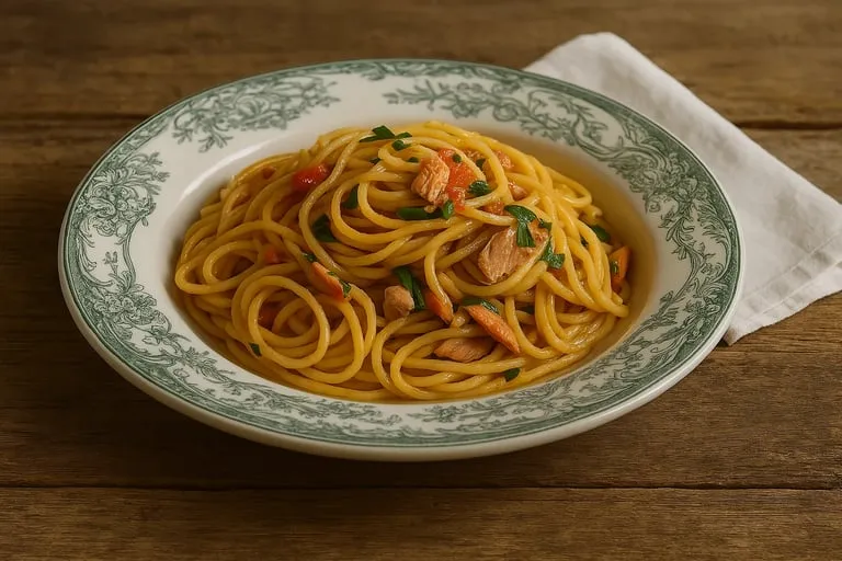 Une assiette de spaghetti avec des légumes et des noix.