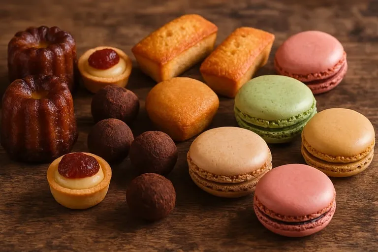 Une table avec des macarons, des biscuits et des gâteaux.