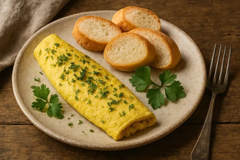 Une omelette sur un plateau avec du pain grillé.