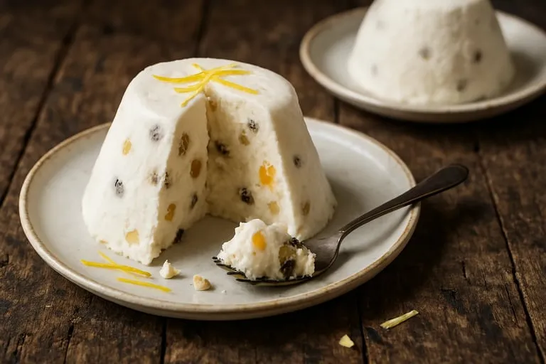 Une portion de dessert en forme de boule avec une poignée de fruits et de noix.