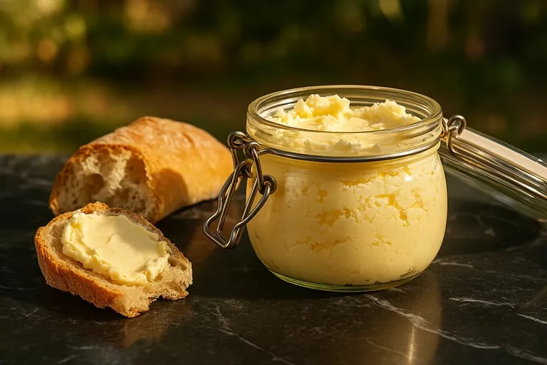 Une baguette de pain et un bol de fromage.