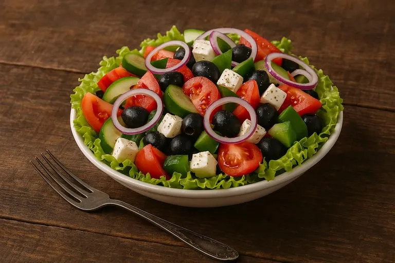 Une salade de tomates, cucumbers, onions, olives et fromage.