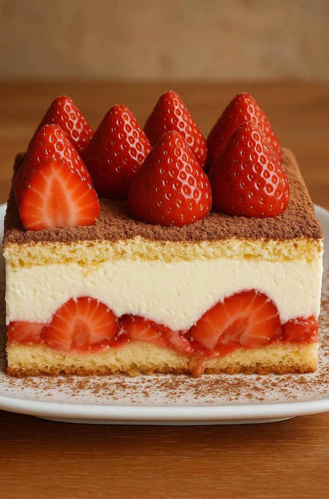Une recette Tiramisu aux fraises est servie sur un plateau.