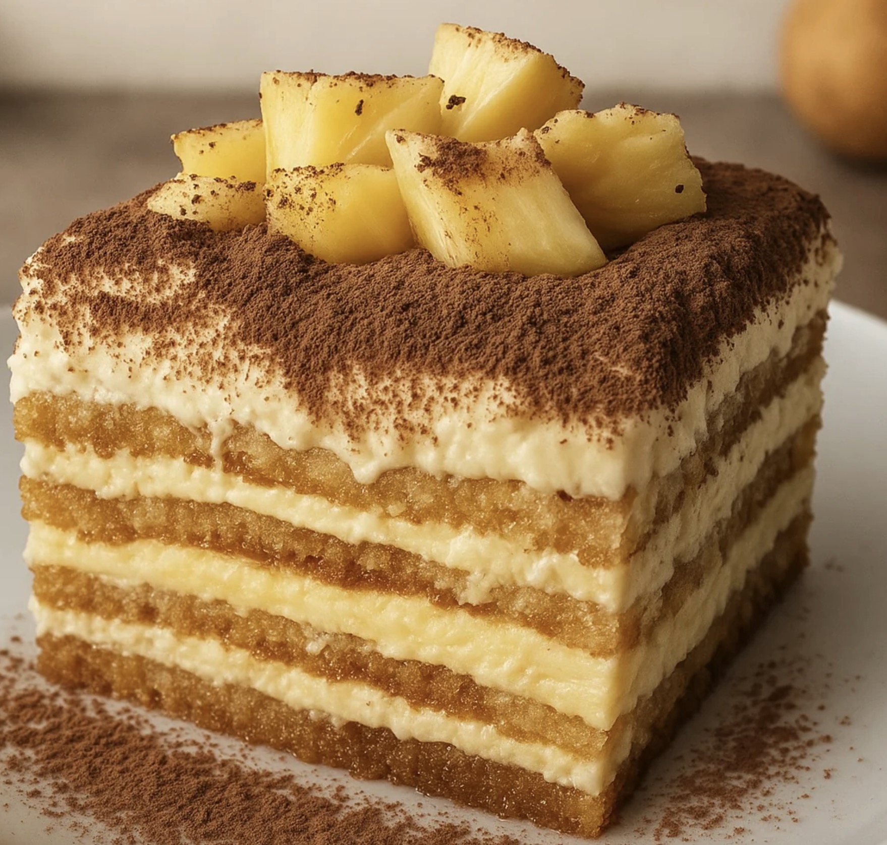 Une portion de tiramisu à l'ananas sur un plateau.