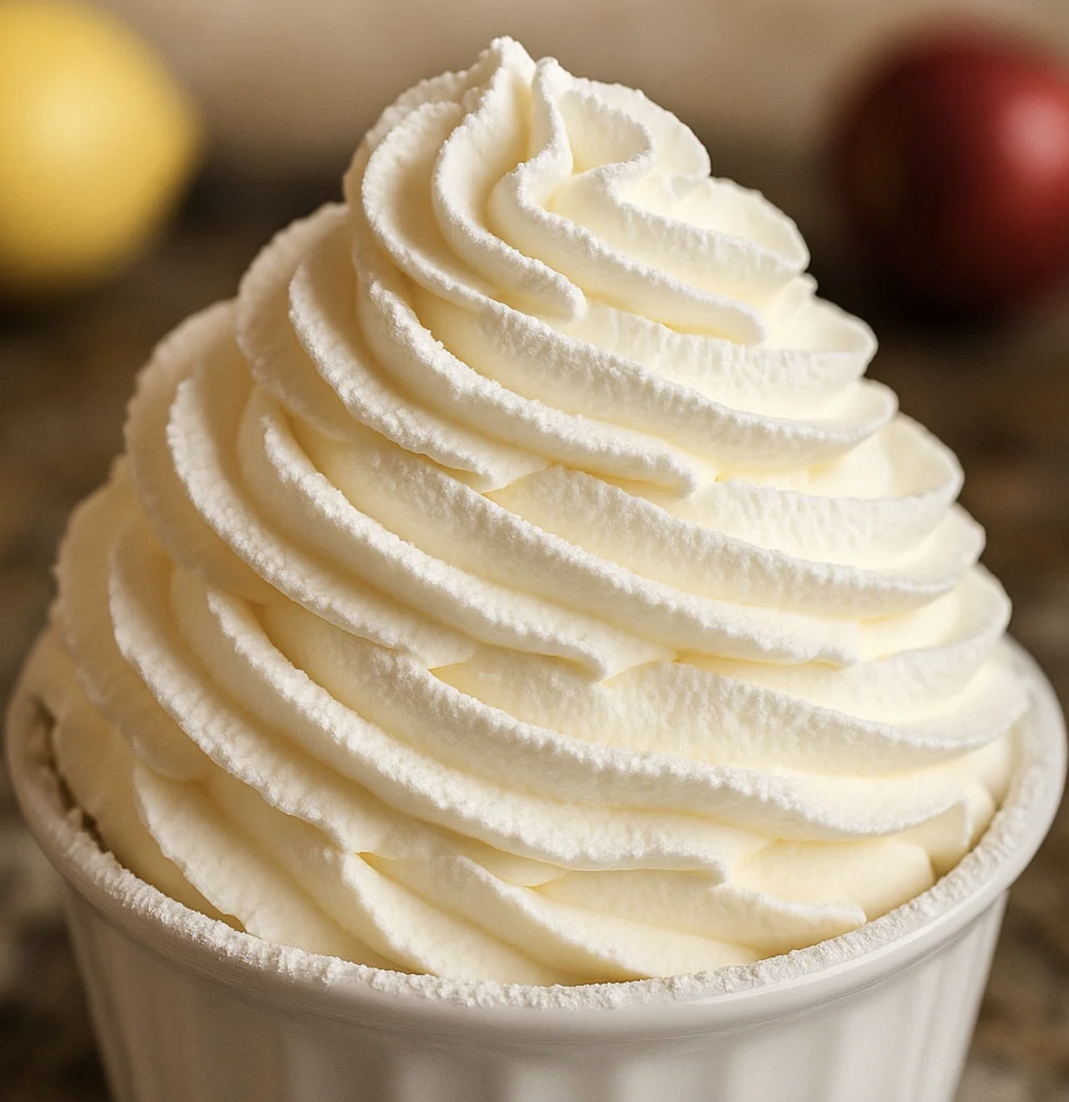 Une crème chantilly au mascarpone est servie dans un bol en verre.