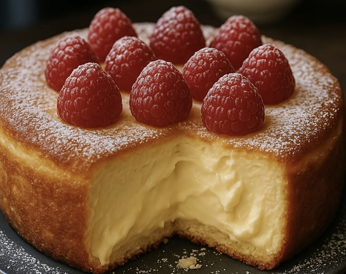 Une tarte aux raspberries avec une base de sponge et une crème crémeuse.