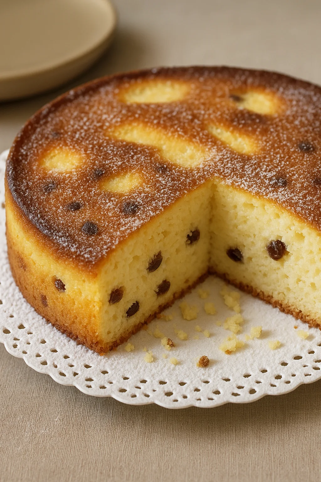 Une portion de gâteau de semoule au four, avec des fruits et des noix sur le dessus.