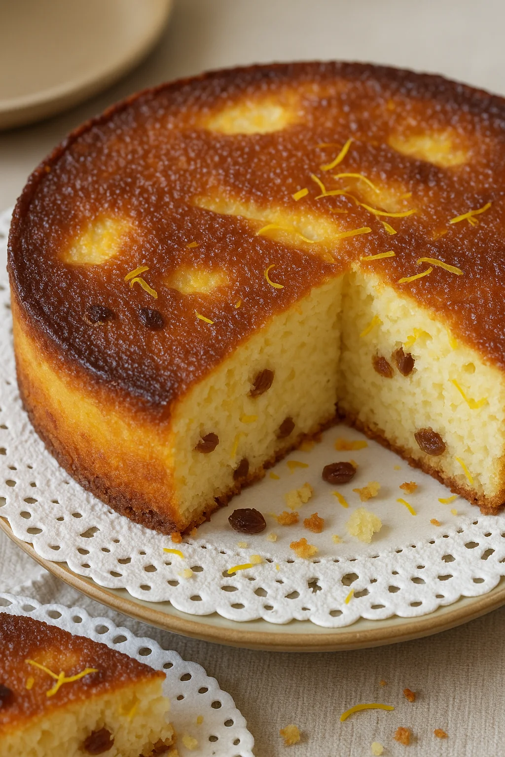Une portion de gâteau de semoule au four, avec des oranges et des raisins.