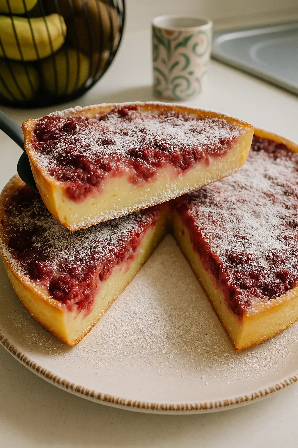 Une tarte aux framboises sur une plaque de verre.