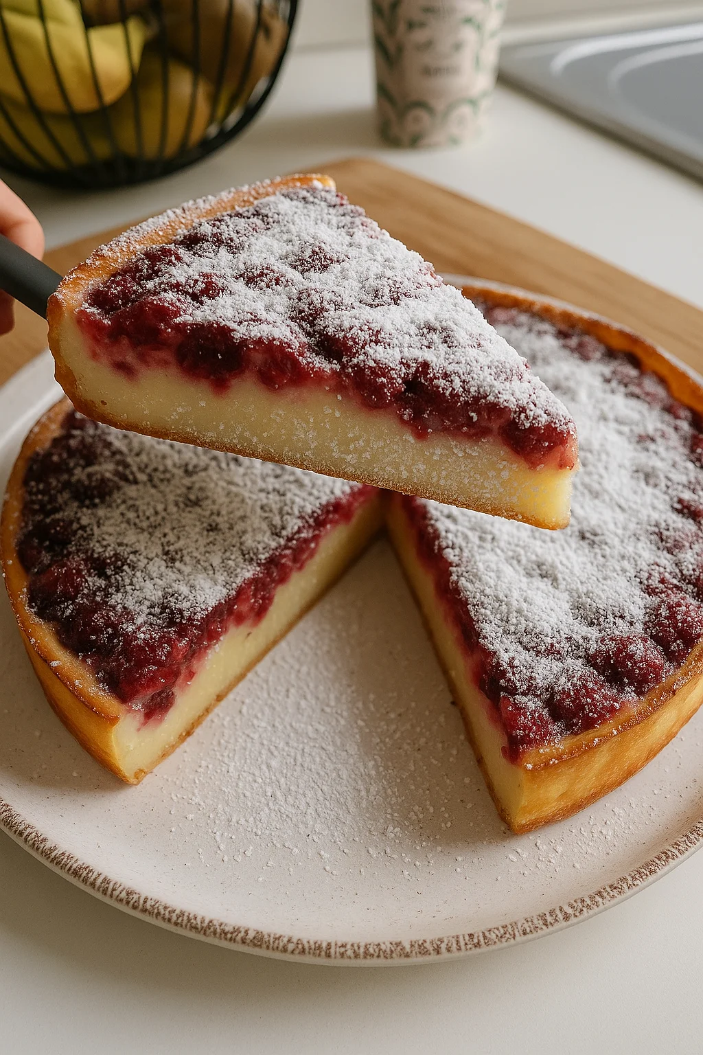 Une portion de clafoutis aux framboises sur un plateau.