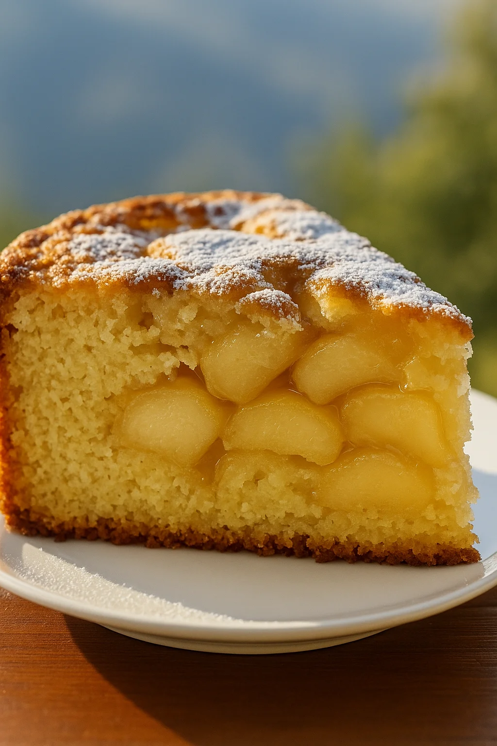 Une portion de gâteau aux pommes sur une plaque de verre.