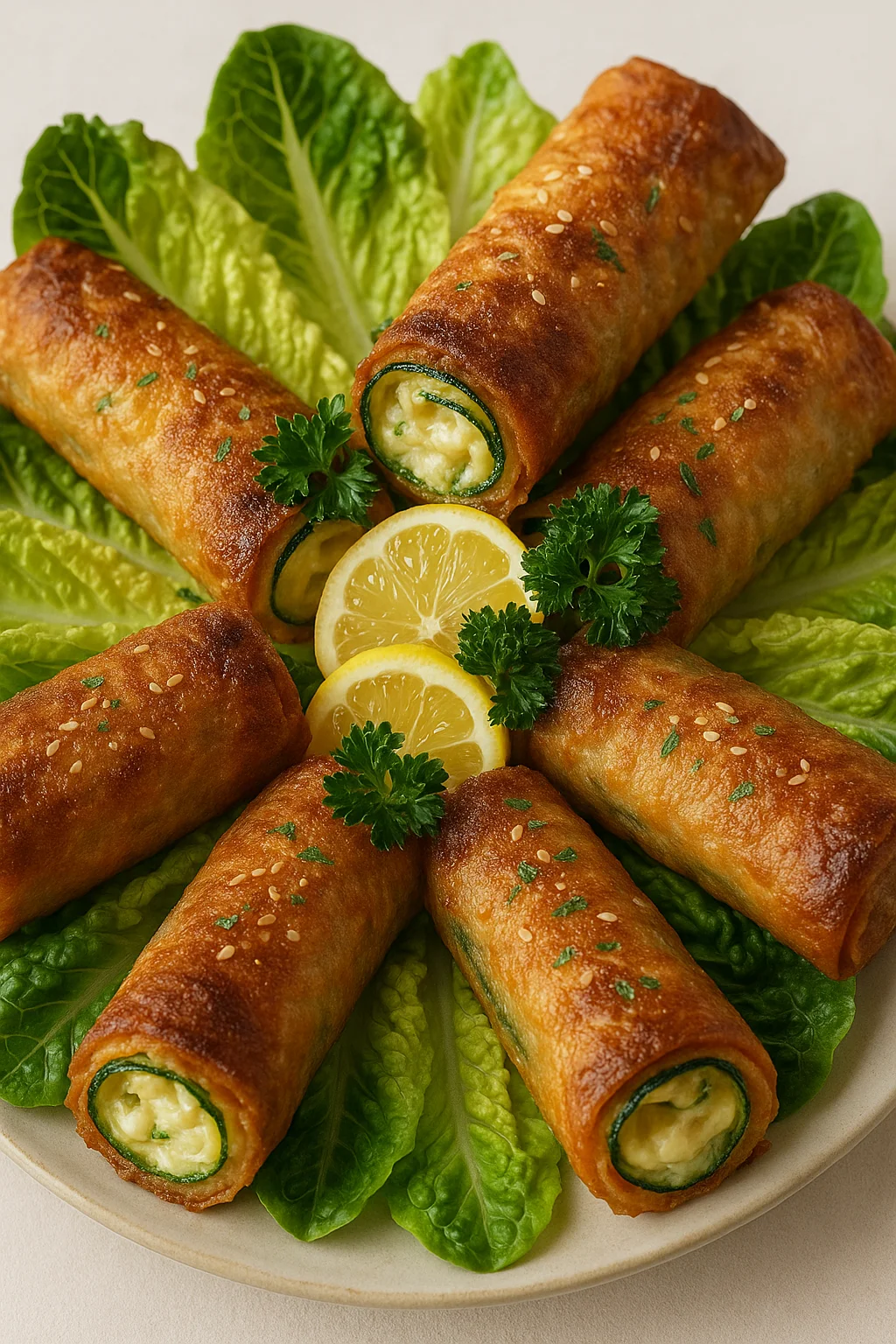 Une assiette de cigares de courgettes croustillants au fromage feta et mozzarella.