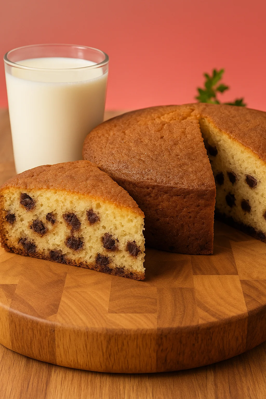 Une portion de gâteau au yaourt avec des pépites de chocolat.