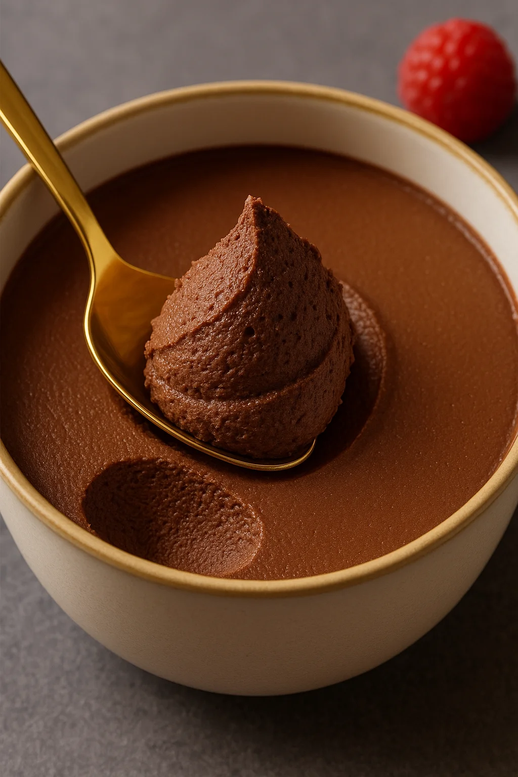 Une cuillère en or dans un bol de mousse au chocolat.