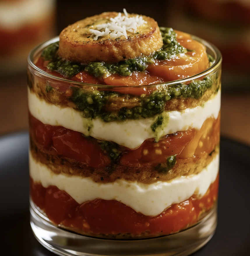 Une assiette de tiramisu salé avec des tomates et de la mozzarella.