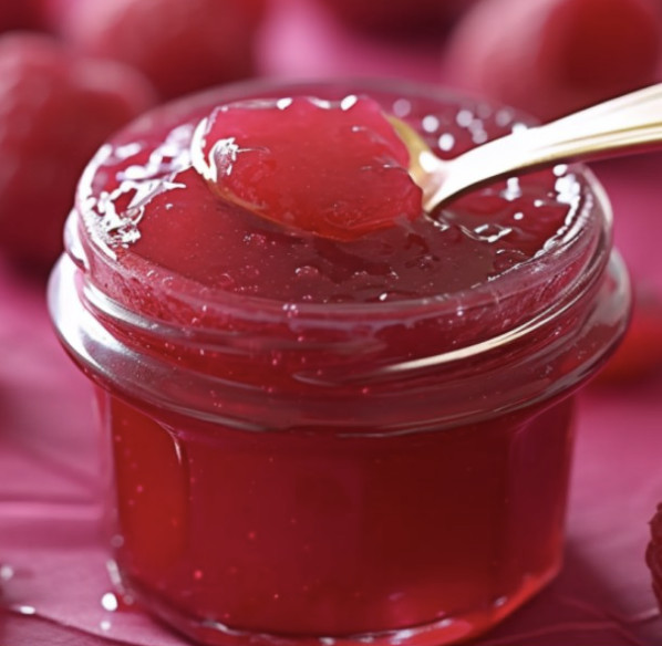 Une petite cuillère en argent est plongée dans une confiture de petales de roses.