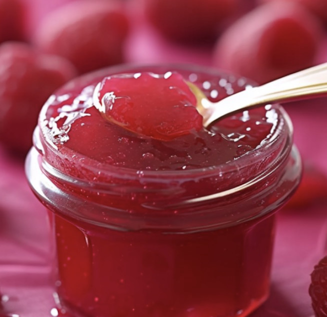 Une petite cuillère en argent est plongée dans une confiture de pétales de roses.