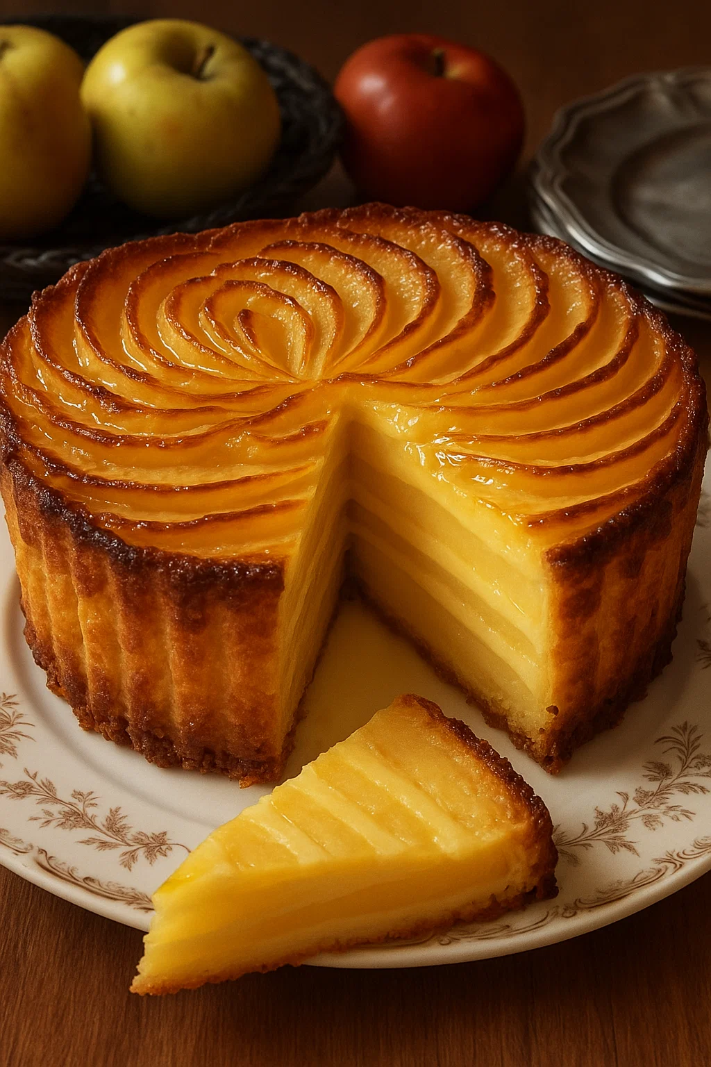 Une portion de flan alsacien aux pommes sur un plateau.