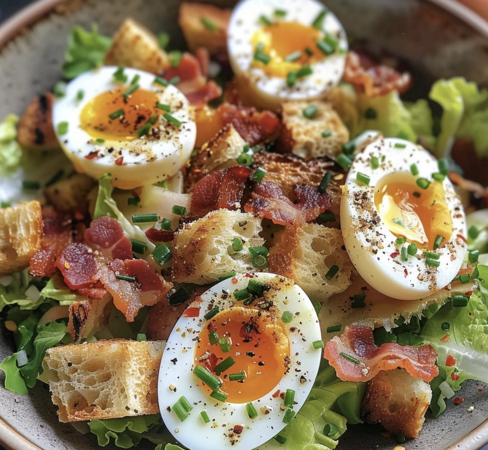 Une grande salade lyonnaise composée de bacon, de toast, de lettuce, d'œufs et de tranches de pain.