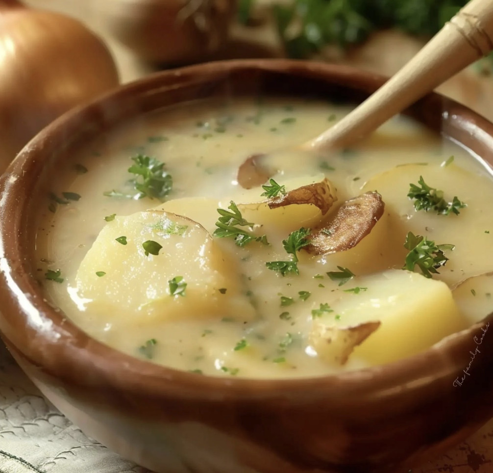 Une soupe de pommes de terre avec des oignons et des herbes.