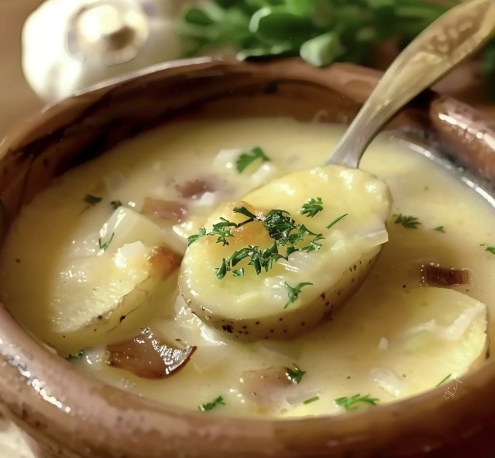 Une soupe de pommes de terre et d&#39;oignon dans un bol.