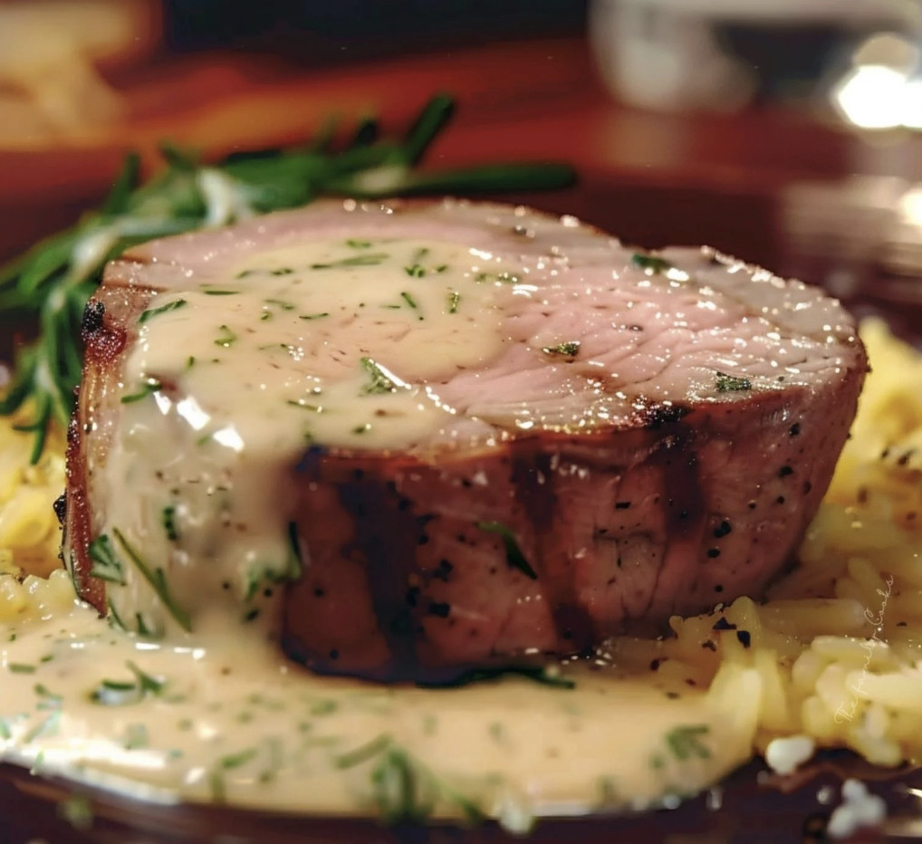 Un filet mignon sauce miel moutarde sur une assiette.