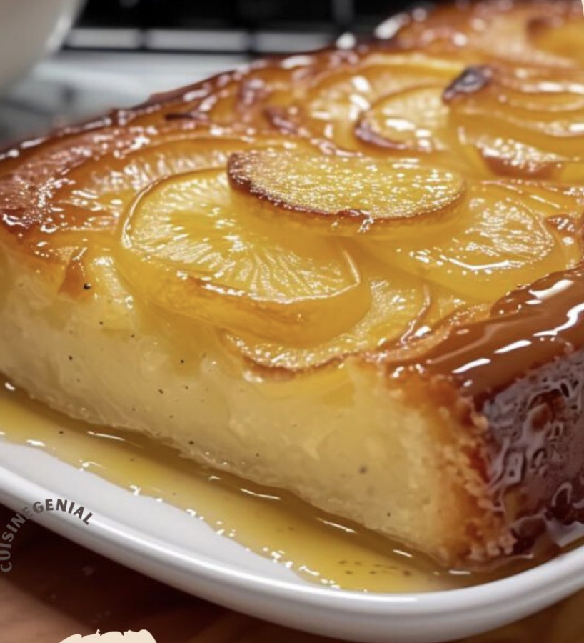 Une tarte aux pommes moelleuse sur un plateau.
