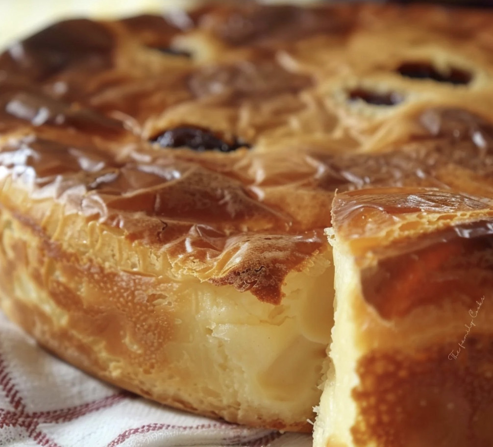 Une tarte Far Breton aux pruneaux est servie sur un tissu.